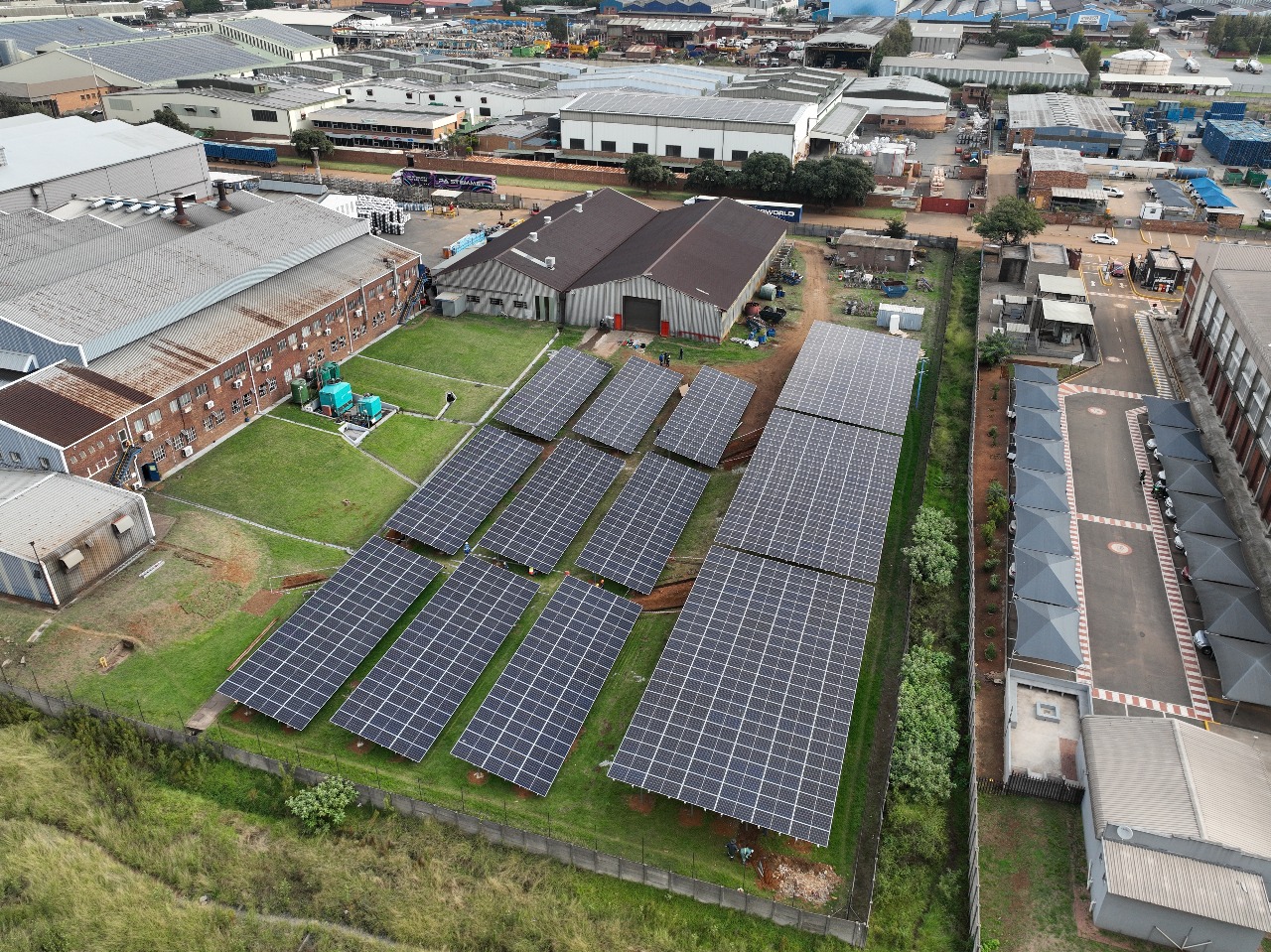 Aerial view of solar installation at Maxion Wheels' Johannesburg on a field
