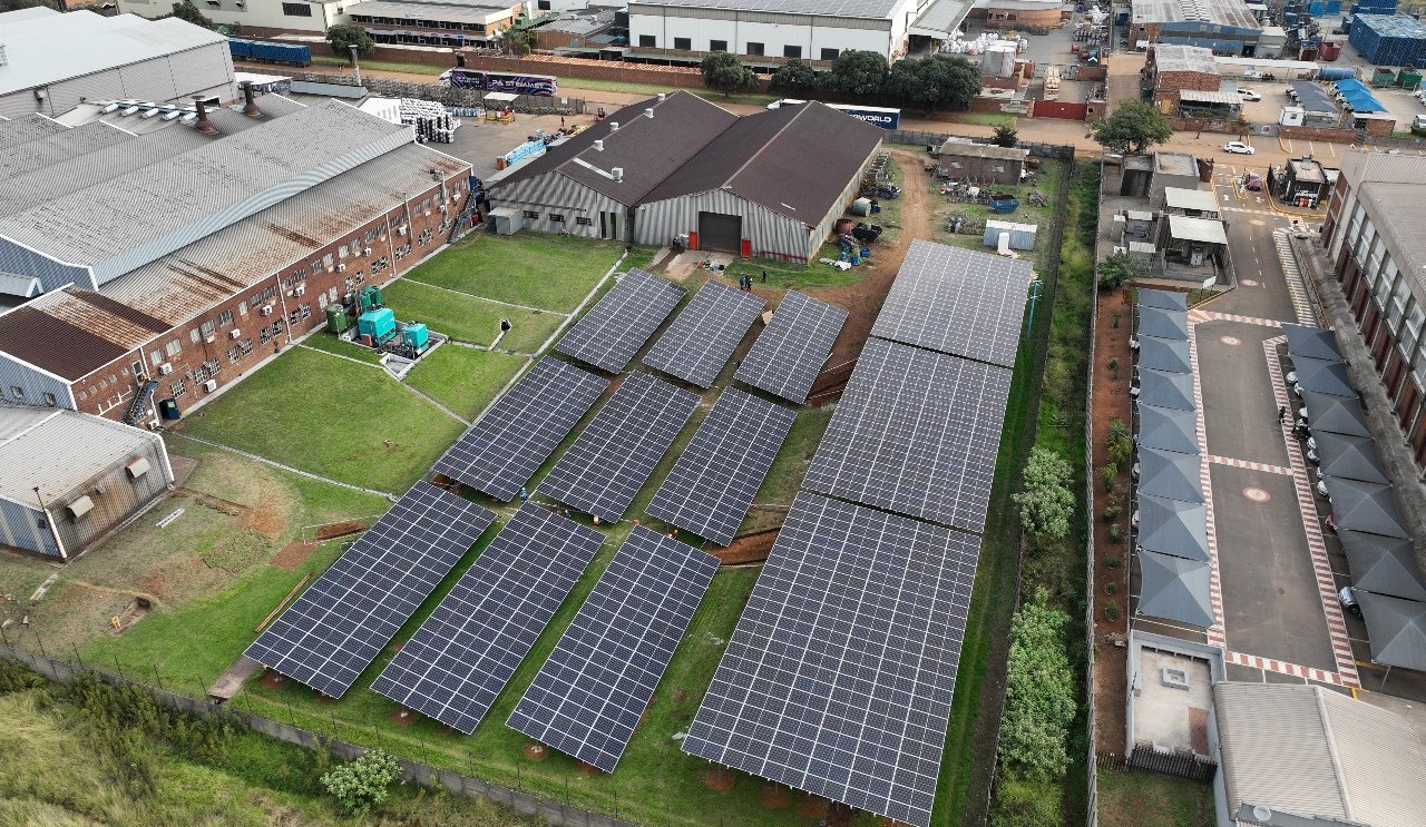 Aerial view of solar installation at Maxion Wheels' Johannesburg on a field